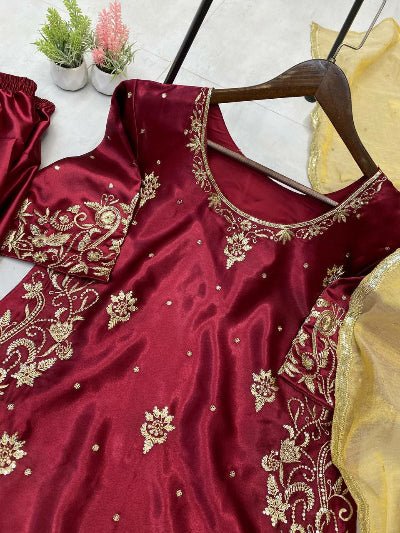 Maroon Satin Embroidery Farshi Suit With Gold Dupatta - BONYHUBSALWAR KAMEEZ