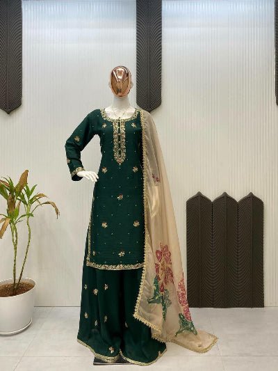Dark Green Exquisite Sequins Embroidery Sharara Palazzo Suit - BONYHUBSALWAR KAMEEZ