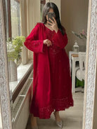 Red Georgette Sequins Embroidery Straight Suit Set - BONYHUBSALWAR KAMEEZ
