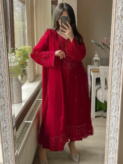Red Georgette Sequins Embroidery Straight Suit Set - BONYHUBSALWAR KAMEEZ