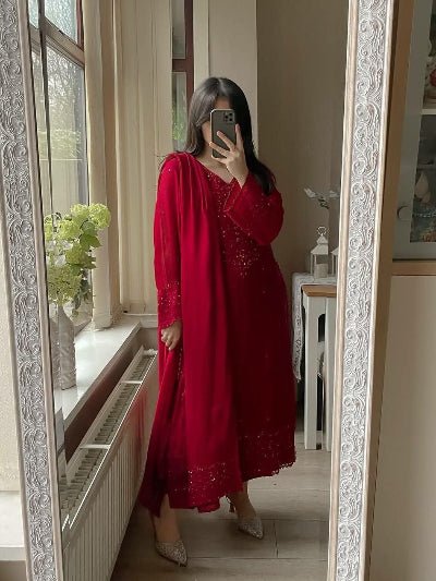 Red Georgette Sequins Embroidery Straight Suit Set - BONYHUBSALWAR KAMEEZ