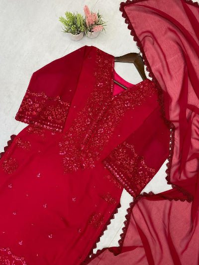 Red Georgette Sequins Embroidery Straight Suit Set - BONYHUBSALWAR KAMEEZ