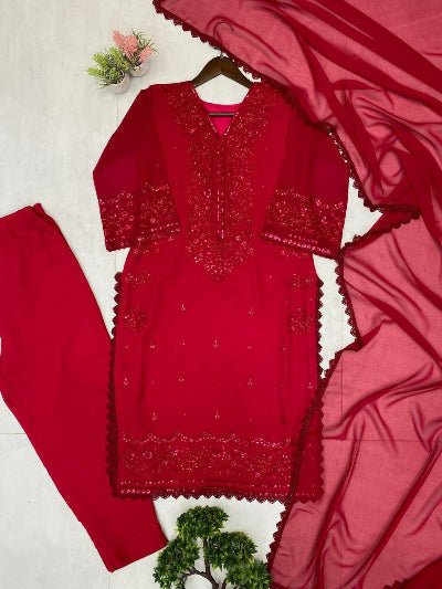 Red Georgette Sequins Embroidery Straight Suit Set - BONYHUBSALWAR KAMEEZ