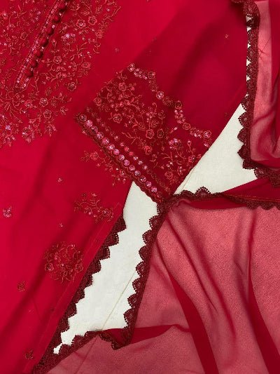 Red Georgette Sequins Embroidery Straight Suit Set - BONYHUBSALWAR KAMEEZ
