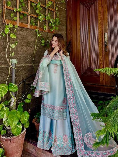 Mint Blue Roman Silk Embroidery Sharara Palazzo Suit - BONYHUBSALWAR KAMEEZ