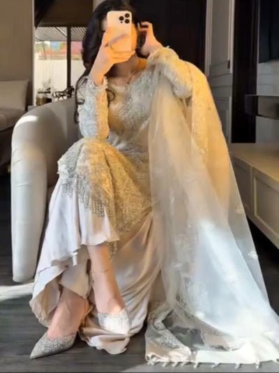 Ivory Cream Soft Net Embroidery Work Straight Suit Set - BONYHUBSALWAR KAMEEZ