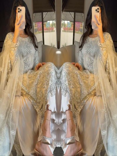 Ivory Cream Soft Net Embroidery Work Straight Suit Set - BONYHUBSALWAR KAMEEZ