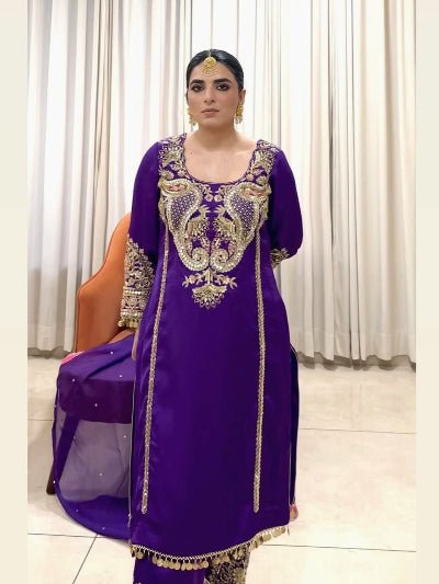 Purple Georgette Embroidered Lace Border Suit Set - BONYHUBSALWAR KAMEEZ