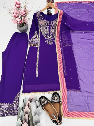 Purple Georgette Embroidered Lace Border Suit Set - BONYHUBSALWAR KAMEEZ