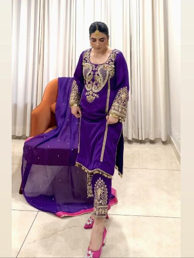 Purple Georgette Embroidered Lace Border Suit Set - BONYHUBSALWAR KAMEEZ