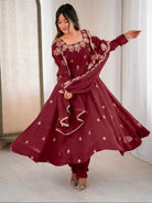 Rosewood Maroon Crunchy Silk Embroidered Anarkali Suit - BONYHUBSALWAR KAMEEZ
