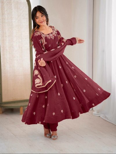 Rosewood Maroon Crunchy Silk Embroidered Anarkali Suit - BONYHUBSALWAR KAMEEZ