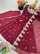 Rosewood Maroon Crunchy Silk Embroidered Anarkali Suit - BONYHUBSALWAR KAMEEZ