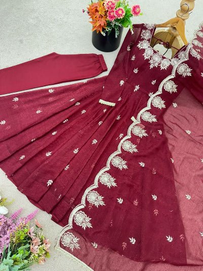 Rosewood Maroon Crunchy Silk Embroidered Anarkali Suit - BONYHUBSALWAR KAMEEZ