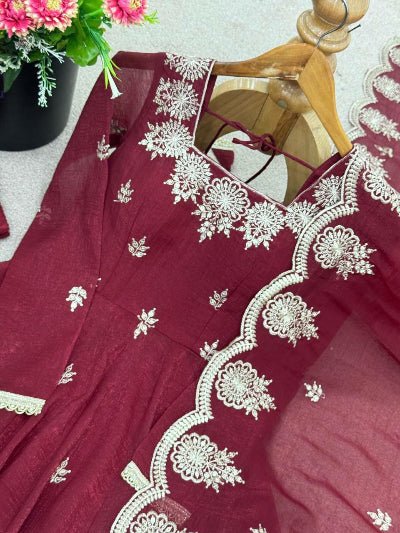 Rosewood Maroon Crunchy Silk Embroidered Anarkali Suit - BONYHUBSALWAR KAMEEZ