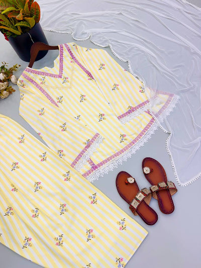Lemon Yellow Printed Farshi Suit Set for Women | Asian Ethnic Wear UK