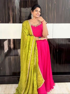 Magenta Pink Handwork Silk Gown With Dupatta Set Of 2 - BONYHUBSALWAR KAMEEZ