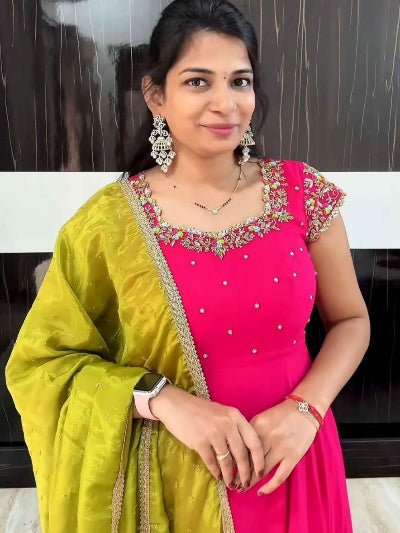 Magenta Pink Handwork Silk Gown With Dupatta Set Of 2 - BONYHUBSALWAR KAMEEZ