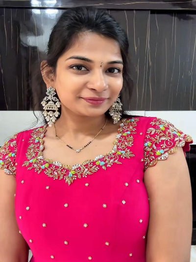 Magenta Pink Handwork Silk Gown With Dupatta Set Of 2 - BONYHUBSALWAR KAMEEZ