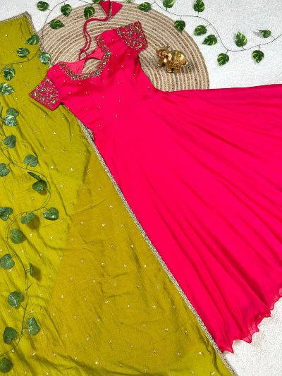Magenta Pink Handwork Silk Gown With Dupatta Set Of 2 - BONYHUBSALWAR KAMEEZ