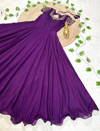 Purple Handwork Silk Gown With Dupatta Set Of 2 - BONYHUBSALWAR KAMEEZ