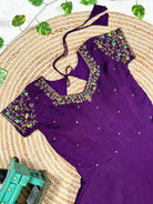 Purple Handwork Silk Gown With Dupatta Set Of 2 - BONYHUBSALWAR KAMEEZ