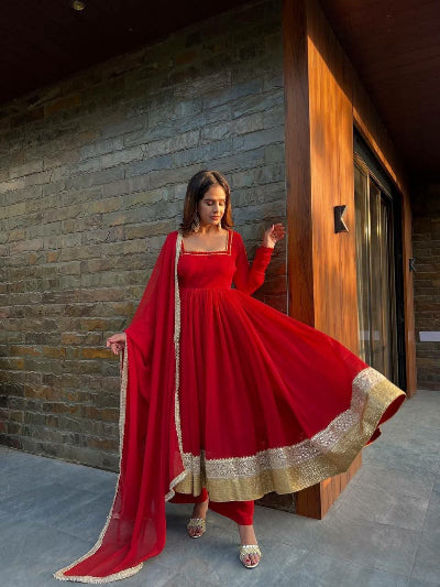Red Blooming Georgette Gold Flair Anarkali Suit