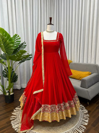 Red Blooming Georgette Gold Flair Anarkali Suit