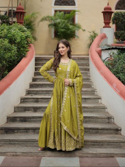 Lime Green Chinon Silk Sequins Embroidered Sharara Suit - BONYHUBSALWAR KAMEEZ