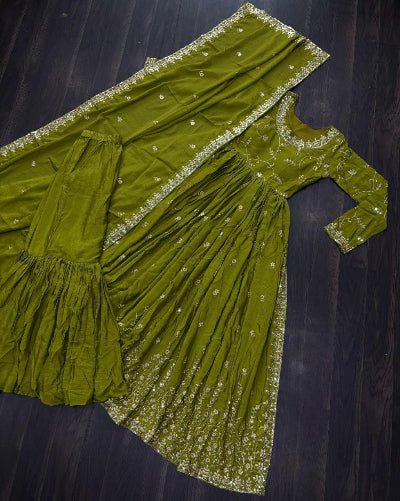 Lime Green Chinon Silk Sequins Embroidered Sharara Suit - BONYHUBSALWAR KAMEEZ