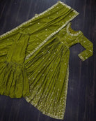 Lime Green Chinon Silk Sequins Embroidered Sharara Suit - BONYHUBSALWAR KAMEEZ