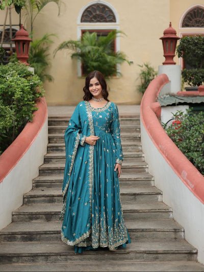 Ocean Blue Chinon Silk Sequins Embroidered Sharara Suit - BONYHUBSALWAR KAMEEZ