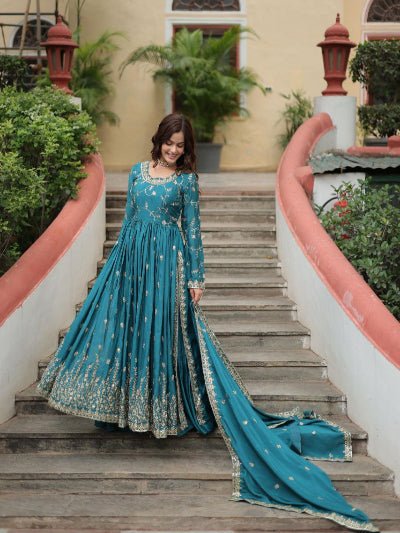 Ocean Blue Chinon Silk Sequins Embroidered Sharara Suit - BONYHUBSALWAR KAMEEZ
