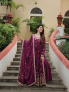 Plum Chinon Silk Sequins Embroidered Sharara Suit - BONYHUBSALWAR KAMEEZ
