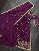 Plum Chinon Silk Sequins Embroidered Sharara Suit - BONYHUBSALWAR KAMEEZ