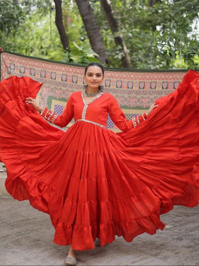 Bright Orange Mirror Work Gown With Multicolor Dupatta Set Of 2 - BONYHUBSALWAR KAMEEZ