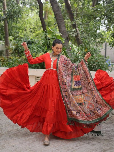 Bright Orange Mirror Work Gown With Multicolor Dupatta Set Of 2 - BONYHUBSALWAR KAMEEZ