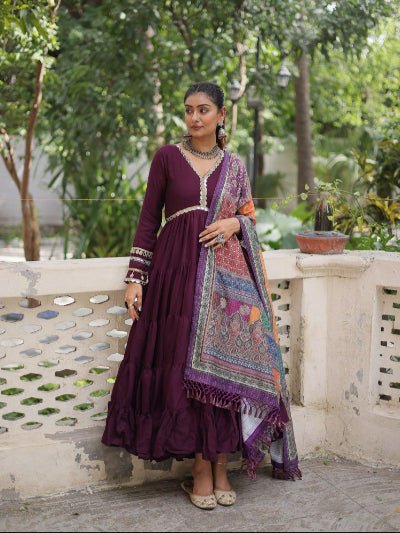 Burgandy Mirror Work Gown With Multicolor Dupatta Set Of 2 - BONYHUBSALWAR KAMEEZ
