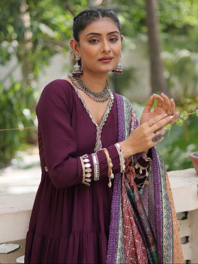 Burgandy Mirror Work Gown With Multicolor Dupatta Set Of 2 - BONYHUBSALWAR KAMEEZ