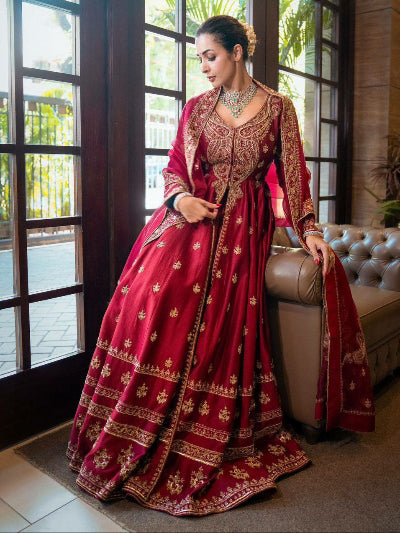Malaika Arora Red Embroidery Work Anarkali Gown Set