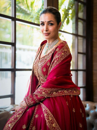 Malaika Arora Red Embroidery Work Anarkali Gown Set