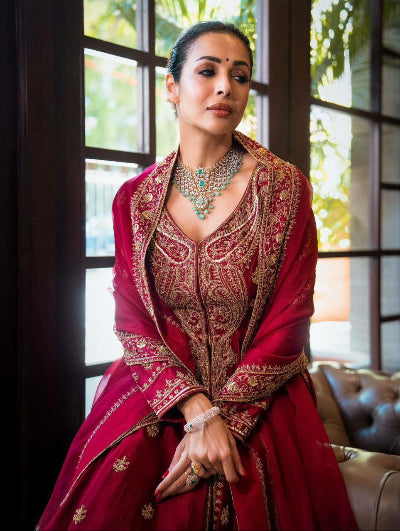 Malaika Arora Red Embroidery Work Anarkali Gown Set