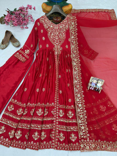 Malaika Arora Red Embroidery Work Anarkali Gown Set