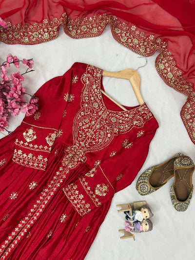 Malaika Arora Red Embroidery Work Anarkali Gown Set