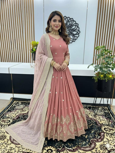 Pastel Peach Georgette Embroidered Gown Dupatta Set Of 2