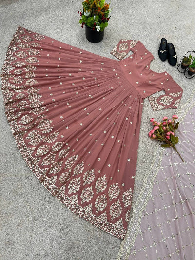 Pastel Peach Georgette Embroidered Gown Dupatta Set Of 2