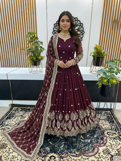 Burgandy Georgette Embroidered Gown Dupatta Set Of 2