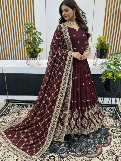 Burgandy Georgette Embroidered Gown Dupatta Set Of 2