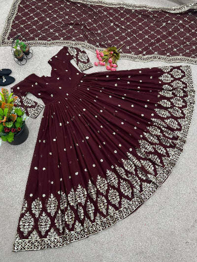 Burgandy Georgette Embroidered Gown Dupatta Set Of 2