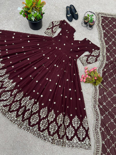 Burgandy Georgette Embroidered Gown Dupatta Set Of 2